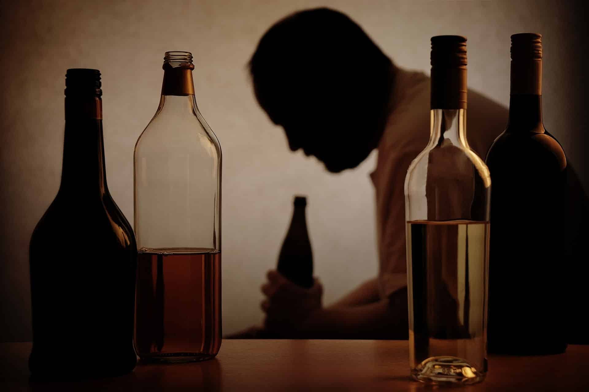 bottles on a table with a man drinking in the background