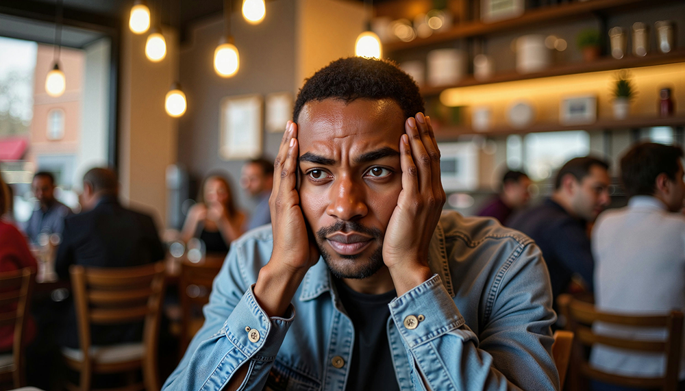 Individual feeling anxious and self-conscious in a social setting, illustrating social anxiety disorder.