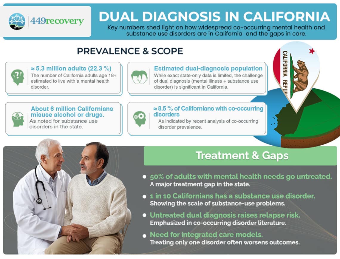 Infographic with statistics on dual diagnosis in California: 5.3 million adults affected, 8.5% with co-occurring disorders, treatment gaps, and an illustration of two people talking—highlighting the need for dual diagnosis treatment centers in Orange County.