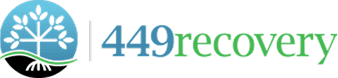 Logo for 449 Recovery featuring a white tree with roots in a blue circle beside the text 449 recovery, with 449 in blue and recovery in green.