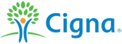 Cigna logo with a stylized blue figure and green leaves forming a tree above an orange circle, next to the word Cigna in blue text, representing support for a mental health dual diagnosis treatment center.