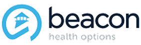 Logo for Beacon Health Options, a mental health dual diagnosis treatment center in Mission Viejo, CA, featuring a blue circular icon with a lighthouse inside, next to “beacon” in bold letters and “health options” below.