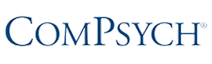 The image displays the word ComPsych in large, dark blue serif font on a light gray background, reflecting the professionalism of a Mental Health and Addiction Treatment Center in Mission Viejo, CA.