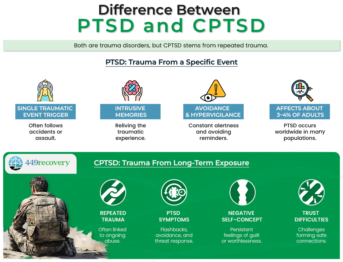 Infographic comparing PTSD vs CPTSD. PTSD often results from a single event, causing intrusive memories and hypervigilance; CPTSD stems from repeated trauma, leading to symptoms, negativity, and trust issues. Find PTSD therapy Orange County CA.
