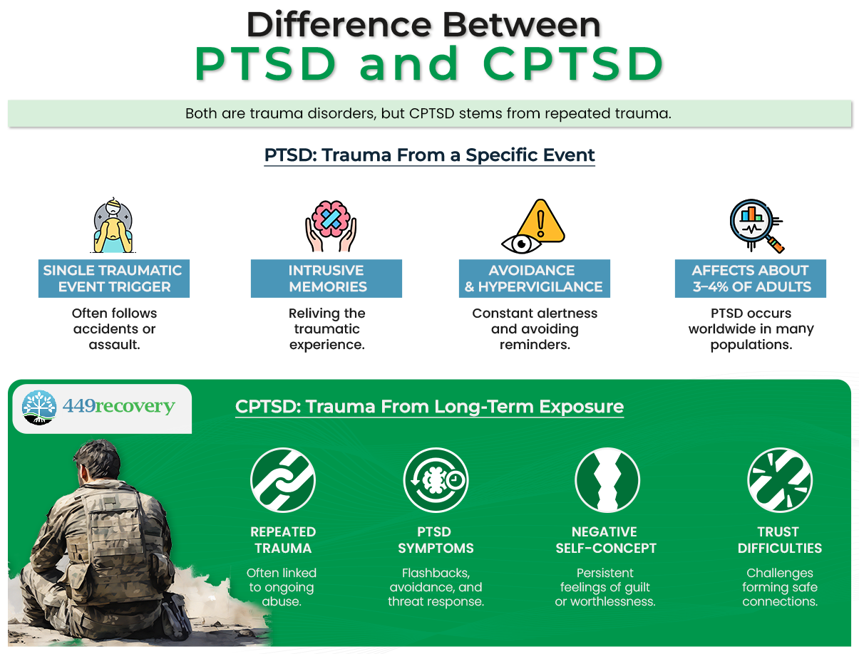 an infographic about the difference between ptsd vs cptsd