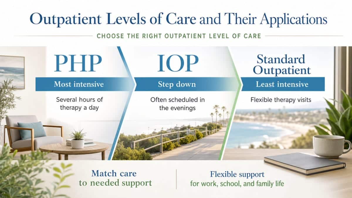 Visualize the comparison table of outpatient levels of care (PHP, IOP, Standard Outpatient) described in this section, supporting the cited ASAM-aligned step-down framework