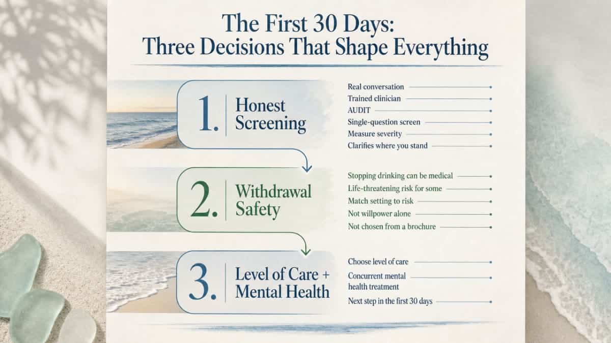 Visualize the three sequenced decisions that frame the entire article: screening, withdrawal safety, and level of care with concurrent mental health treatment