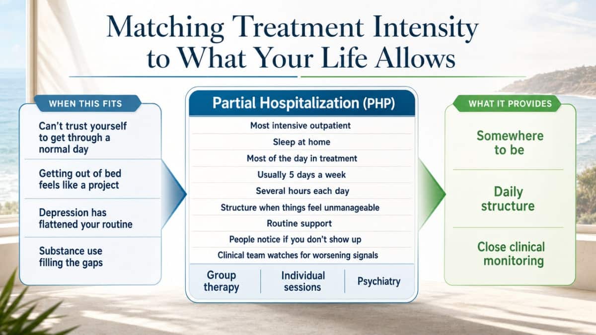 Visualize the continuum of outpatient care levels described in this section, helping readers match intensity to their life circumstances