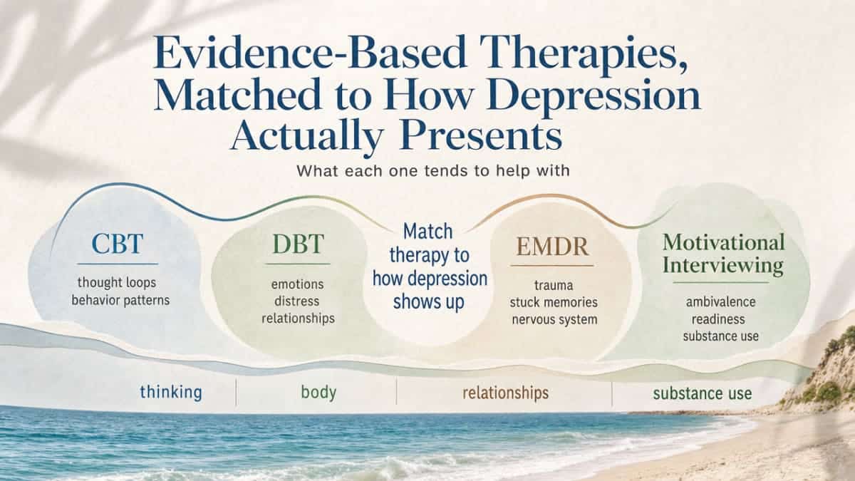 Compare the four evidence-based therapy modalities described in the section and what each tends to help with, supporting the clinician-matching framework