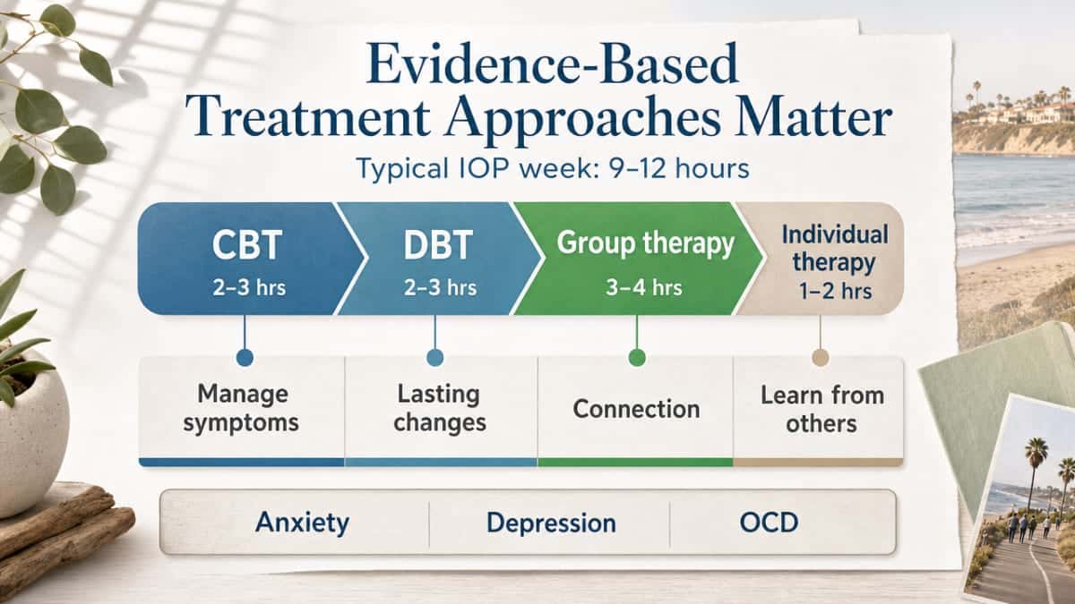 Illustrate the typical weekly structure and core therapy components of an IOP referenced in the section, supporting the discussion of evidence-based modalities and the 9-12 hour weekly commitment cited from SAMHSA