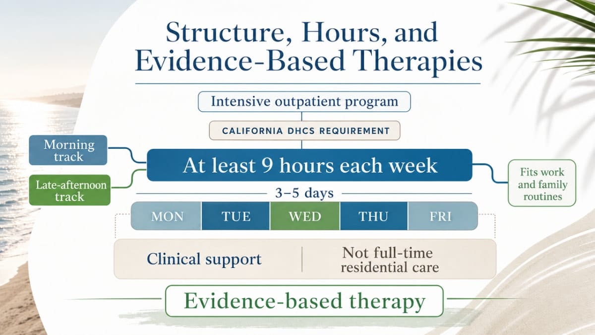 Visualize the weekly structure and core components of an Orange County IOP as described in the section, anchored to the cited 9-hour minimum from DHCS
