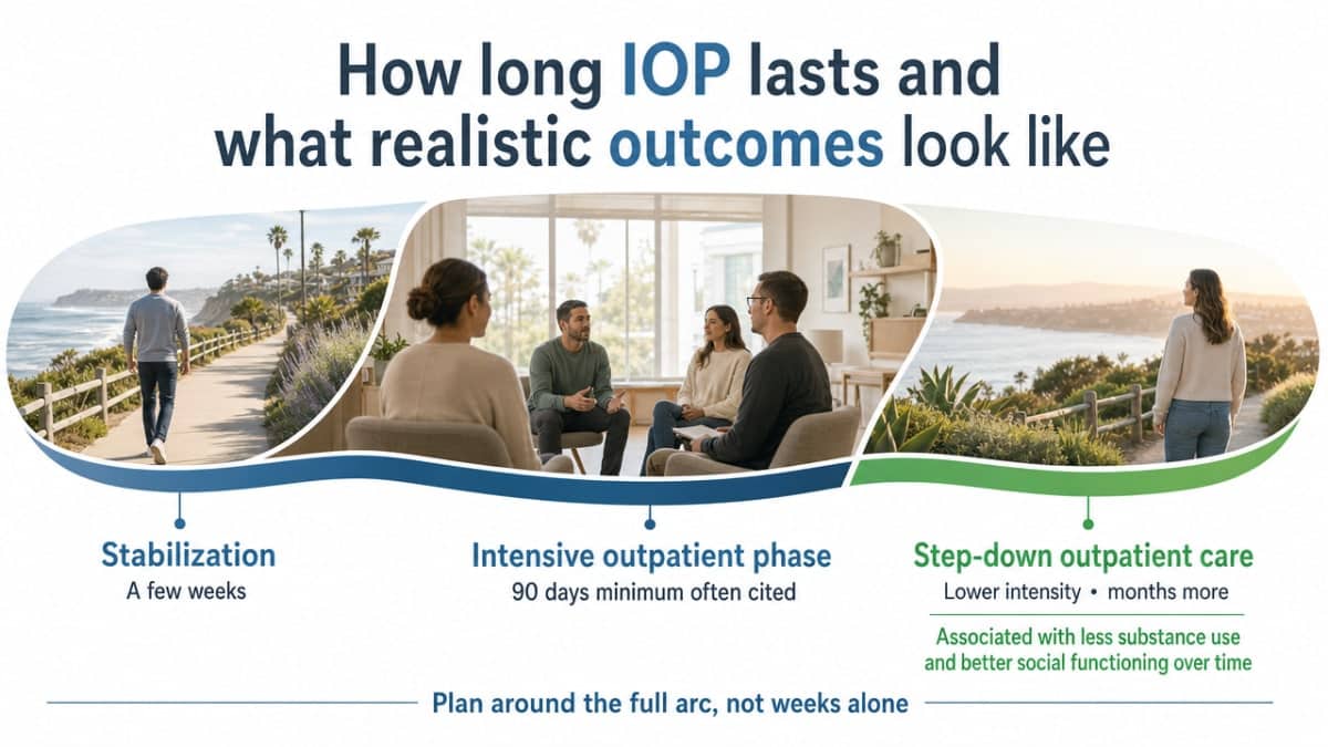 Visualize the cited treatment arc — stabilization, 90-day intensive phase, and extended lower-intensity step-down — to support the section's duration framing