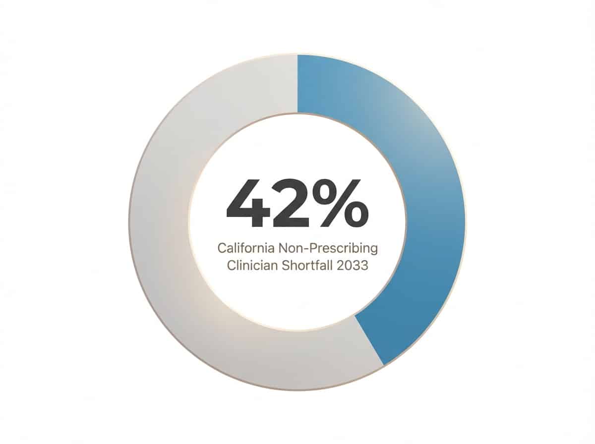 Infographic showing Projected Shortfall of Non-Prescribing Licensed Clinicians in California (2033): 42%
