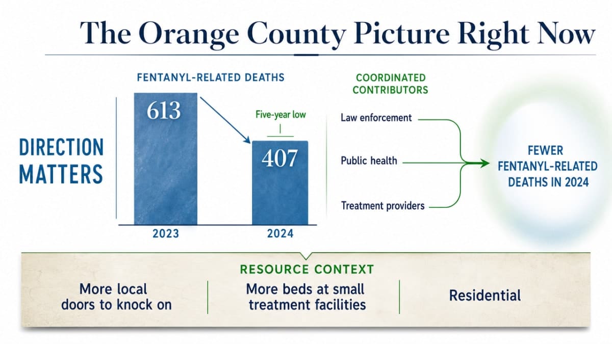 Visualize the cited year-over-year drop in fentanyl-related deaths in Orange County, directly supporting the section's claim about local trend lines