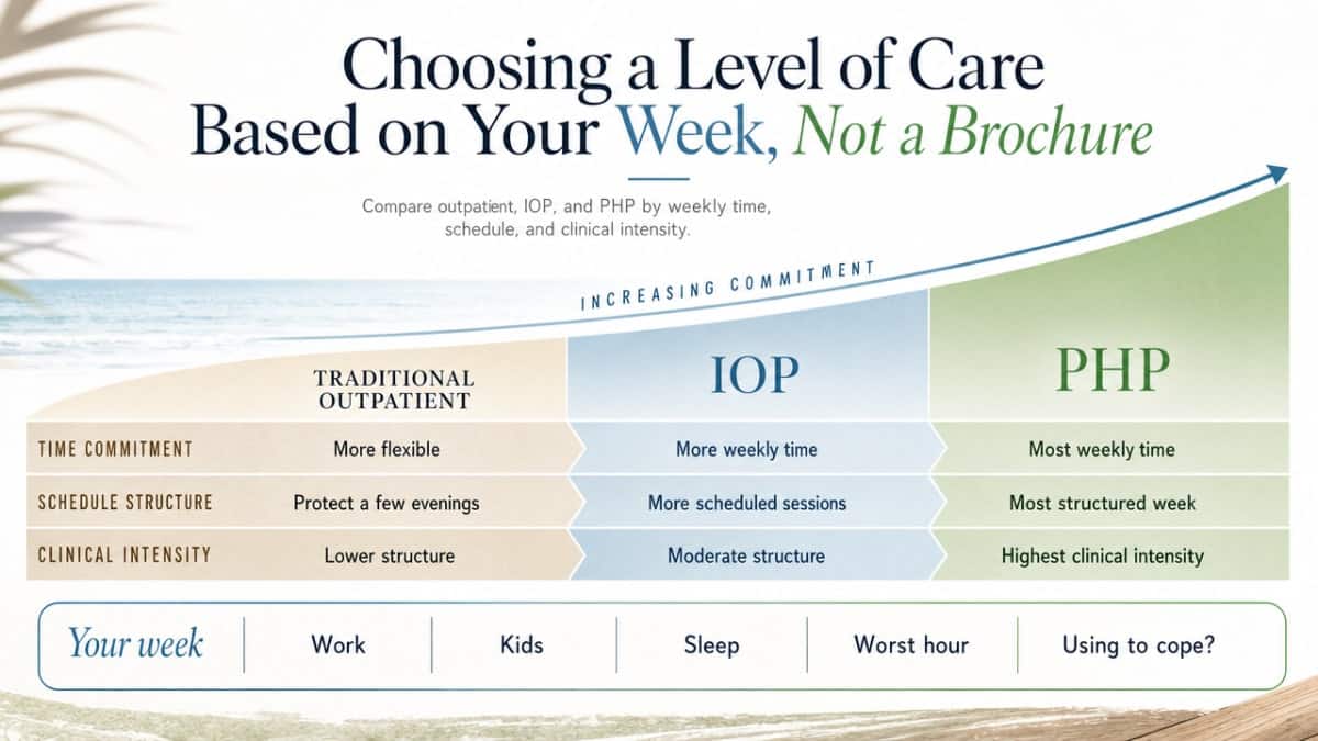 Compare the three outpatient levels of care (Traditional Outpatient, IOP, PHP) discussed in this section by weekly time commitment, schedule, and clinical intensity, directly supporting the comparison framework the section presents