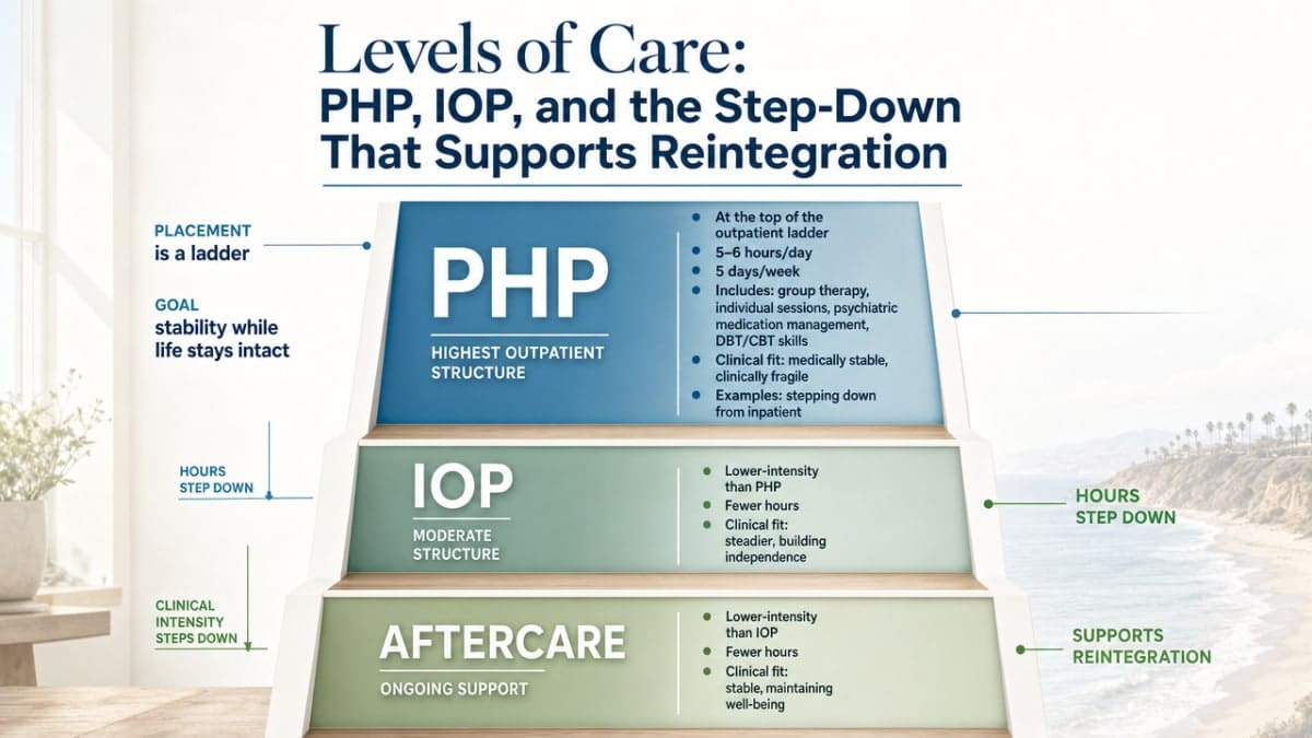 Visualize the step-down ladder of care described in the section: PHP to IOP to aftercare, with hours and clinical fit