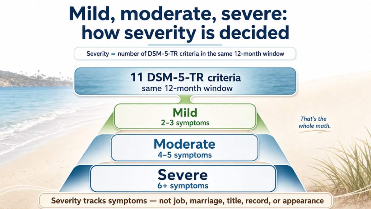 Visualize the DSM-5-TR severity thresholds (2–3 mild, 4–5 moderate, 6+ severe) explicitly cited in this section