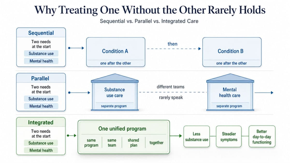 Visualize the comparison between Sequential, Parallel, and Integrated care models described in this section