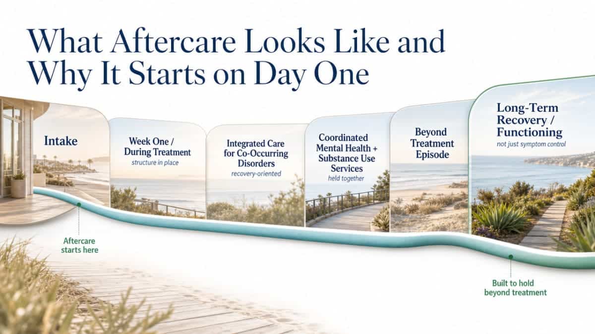 Visualize the step-down continuum of care from intake through long-term recovery described in this section