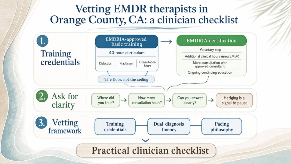 Visualize the three-part vetting framework the section lays out (training credentials, dual-diagnosis fluency, pacing philosophy) as a practical checklist for readers