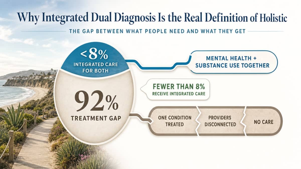 Visualize the treatment gap cited in the section: fewer than 8% of people with co-occurring disorders receive integrated care
