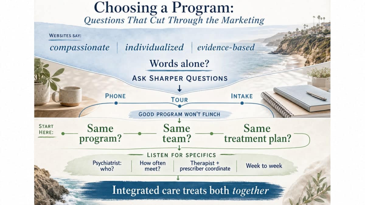 Process infographic presenting the section's checklist of vetting questions for selecting an integrated dual diagnosis program