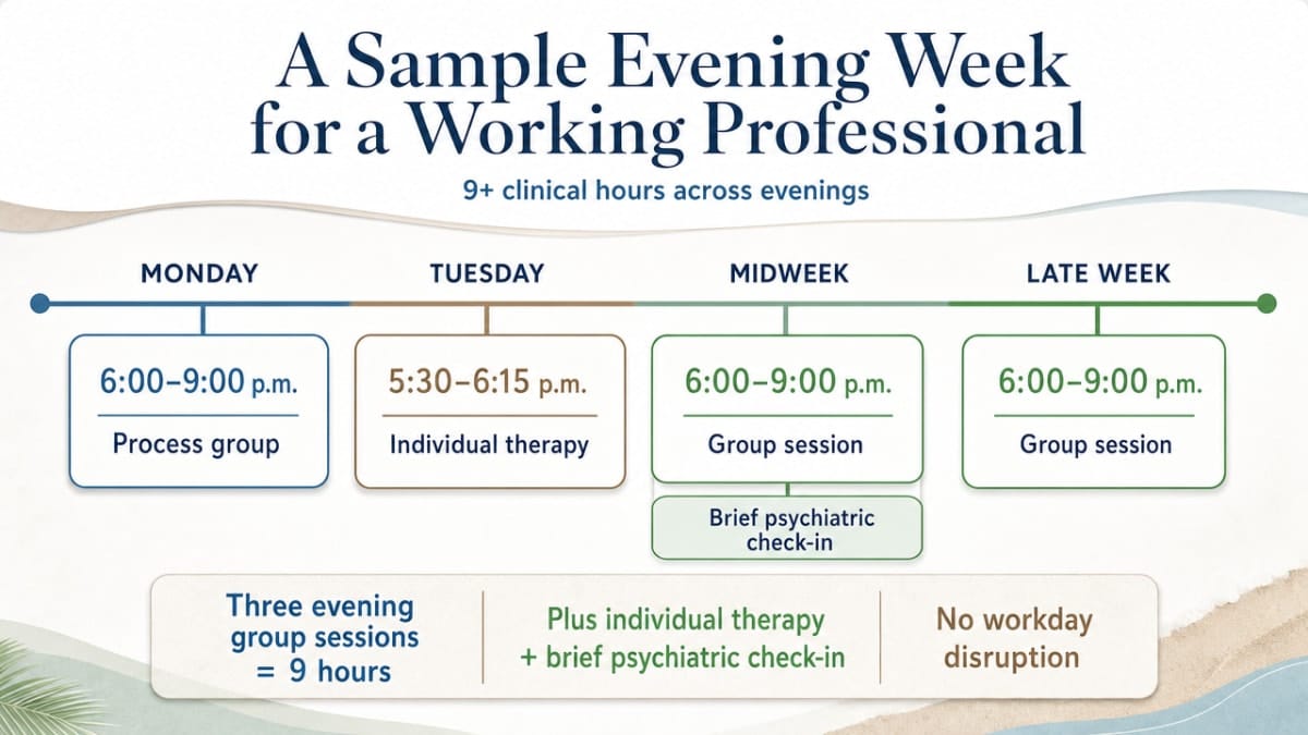 Visualize the cited weekly schedule structure showing how 9+ clinical hours are distributed across evenings for a working adult, directly mapping the section's described week