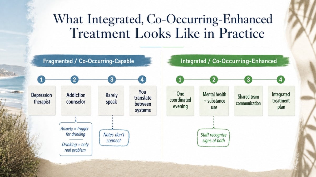 Visualize the cited SAMHSA comparison between fragmented (co-occurring-capable) and integrated (co-occurring-enhanced) care models referenced in this section