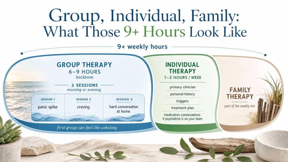 Visualize how the CMS-required 9+ weekly hours break down across group, individual, and family therapy components described in the section