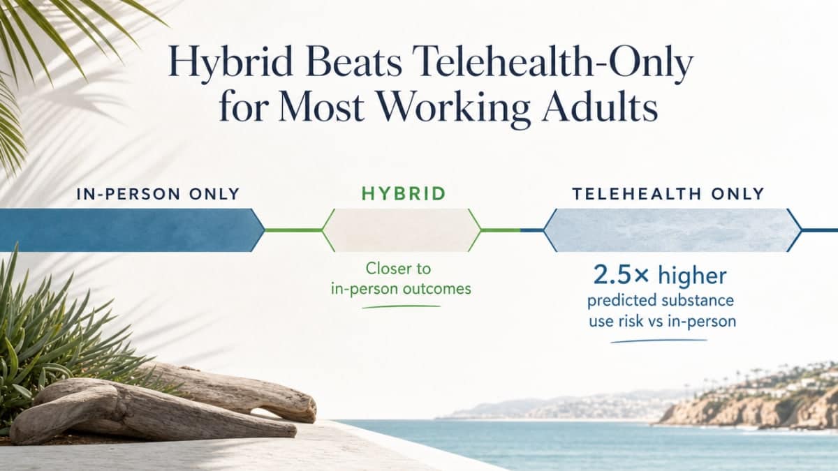 Visualize the telehealth vs hybrid vs in-person substance use risk comparison cited from the University of Minnesota research brief