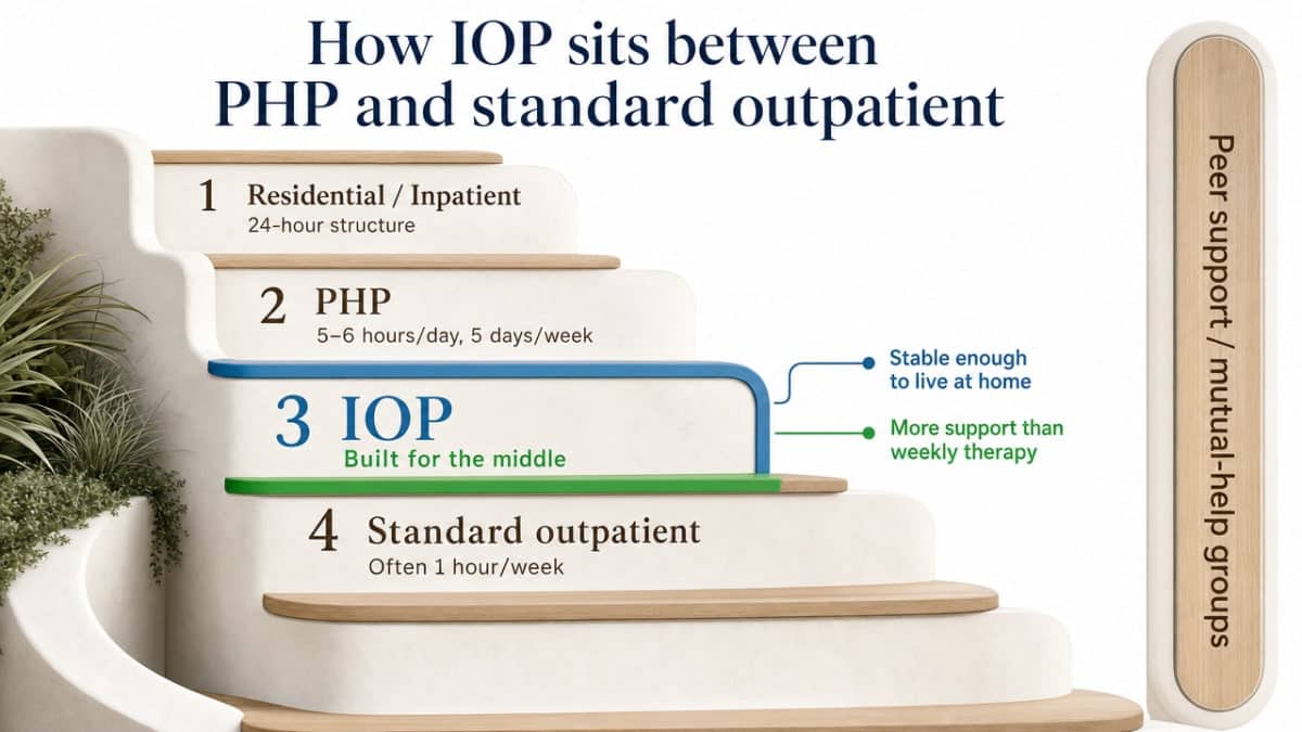 Process infographic visualizing the continuum-of-care staircase described in the section, showing where IOP sits relative to residential, PHP, outpatient, and peer support