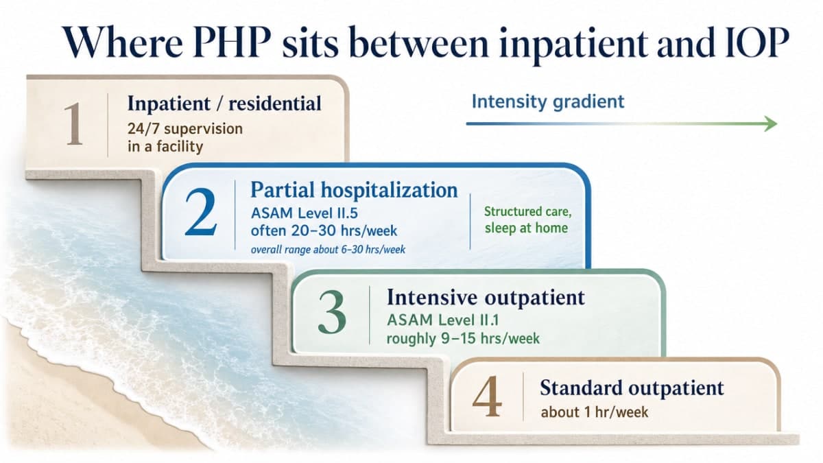 Visualize the continuum-of-care staircase from inpatient to standard outpatient, with PHP positioned in the upper-middle, matching the ASAM hours described in the section