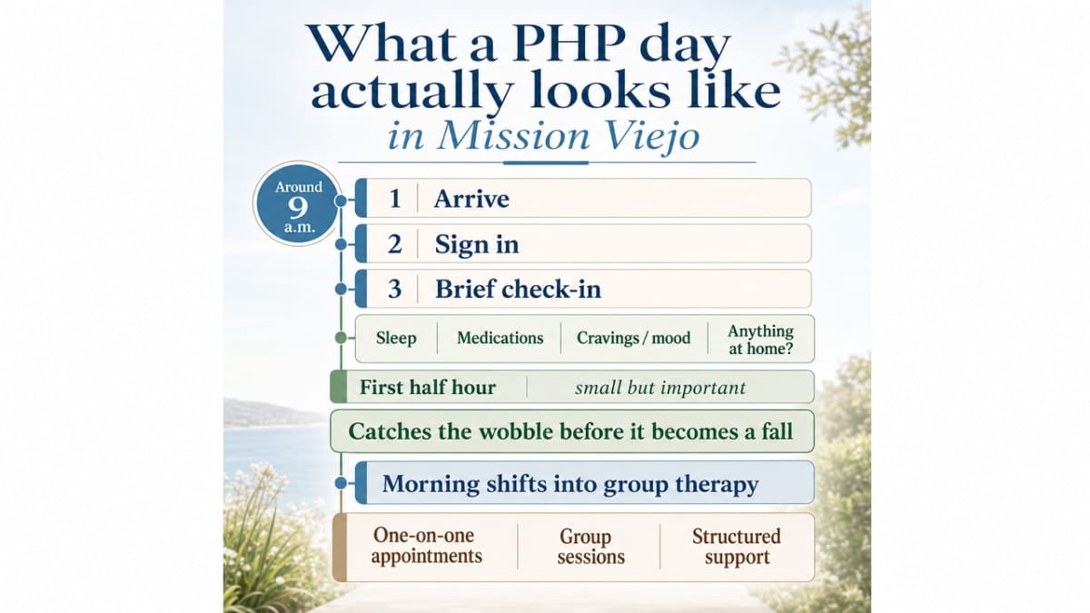 Walk through the typical PHP daily schedule described in the section, reinforcing the timeline from morning check-in to afternoon discharge