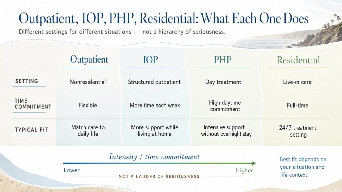 Visualize the four levels of care comparison described in this section, showing intensity, time commitment, and typical fit, which supports the section's core framework