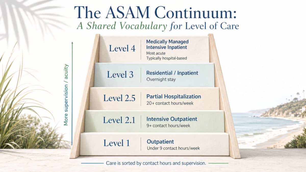 Visualize the five ASAM levels of care as a ladder, directly supporting the section's explanation of the continuum with cited contact hours per level