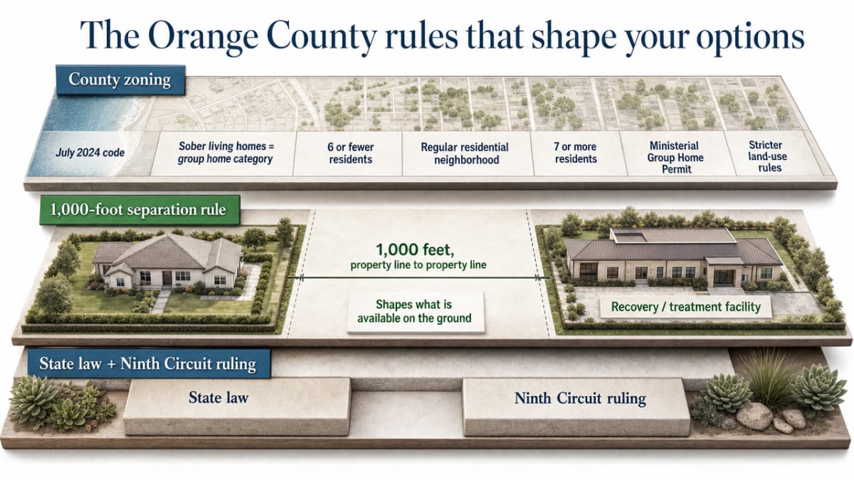 Visualize the layered regulatory framework (county zoning, state law, Ninth Circuit ruling) that shapes sober living options, since this section explicitly explains three governance layers