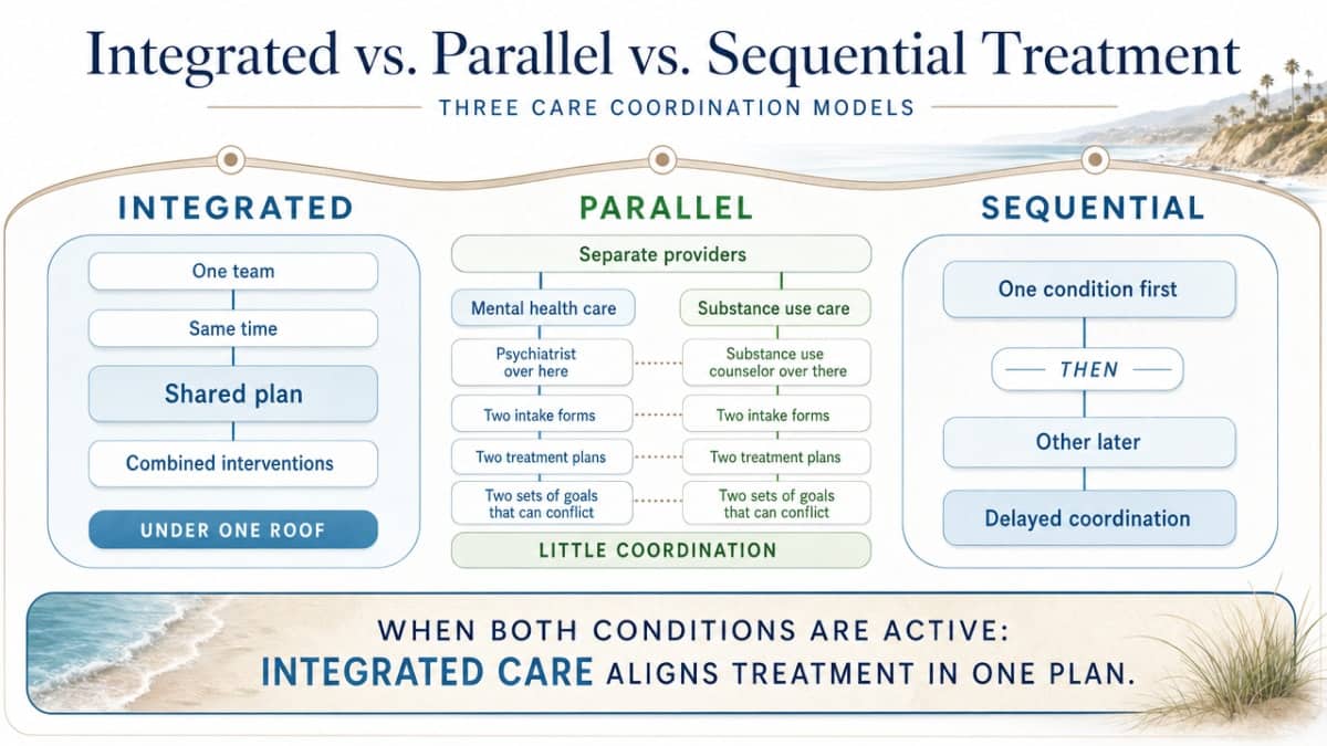 Visualize the three care coordination models described in this section as a side-by-side comparison, directly supporting the cited distinction between integrated, parallel, and sequential treatment