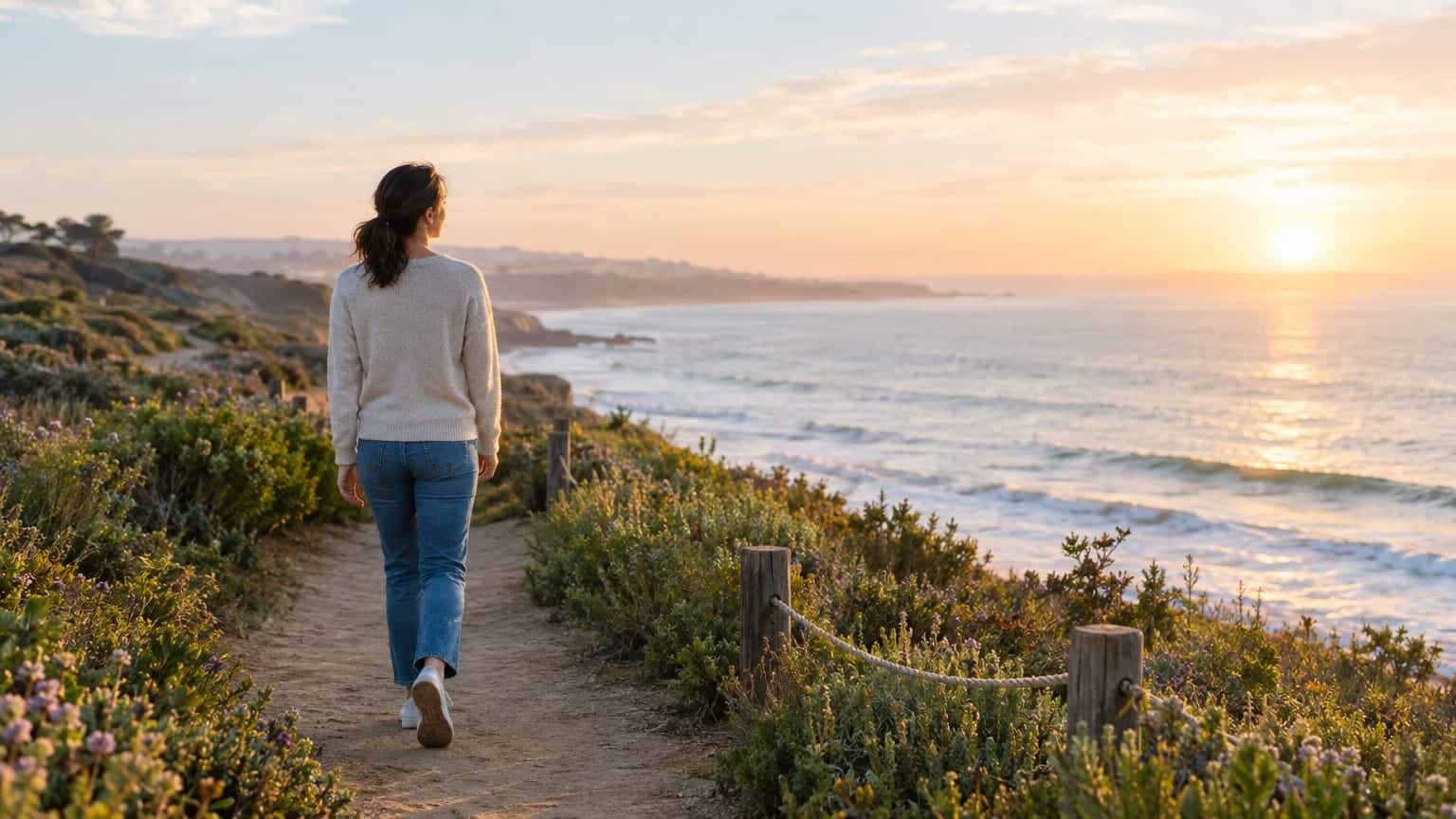 Woman walking along coastal path at sunrise overlooking the ocean