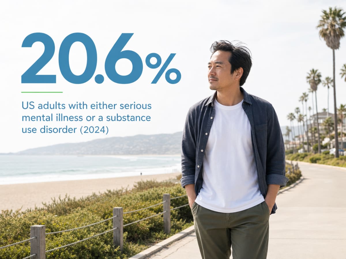Infographic showing US adults with either serious mental illness or a substance use disorder (2024)