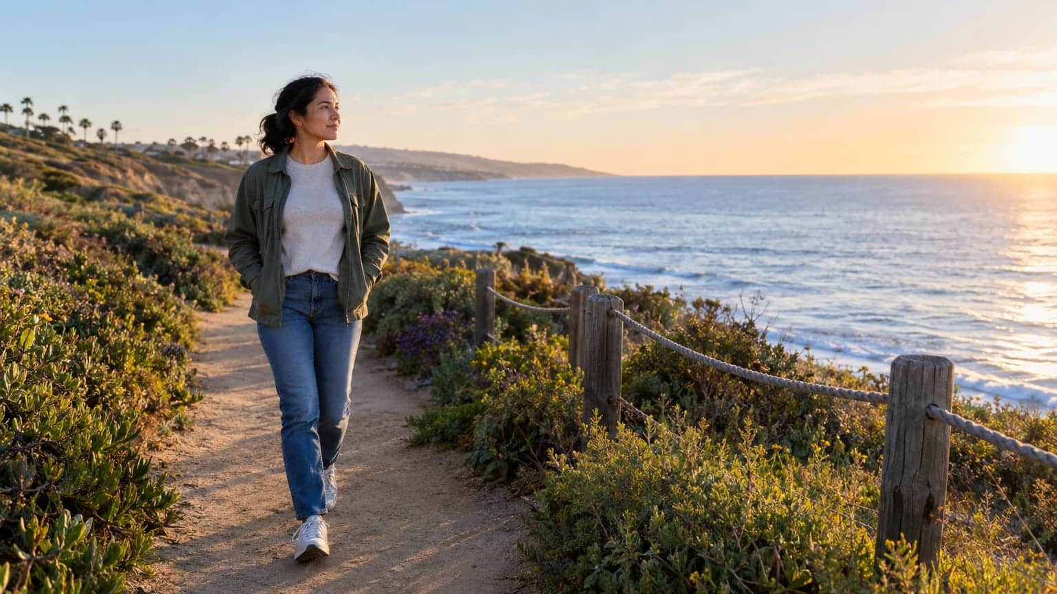 Woman walking a coastal bluff trail at sunset above the Pacific Ocean.