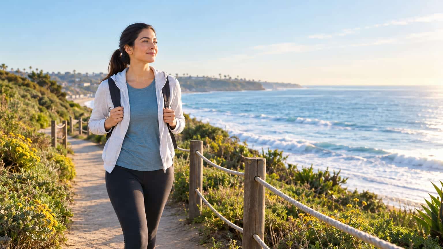 Woman in hoodie walking a coastal trail above the ocean at golden hour
