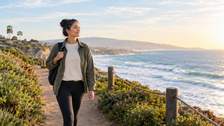 Woman walking on a Southern California coastal trail at sunset overlooking the ocean.