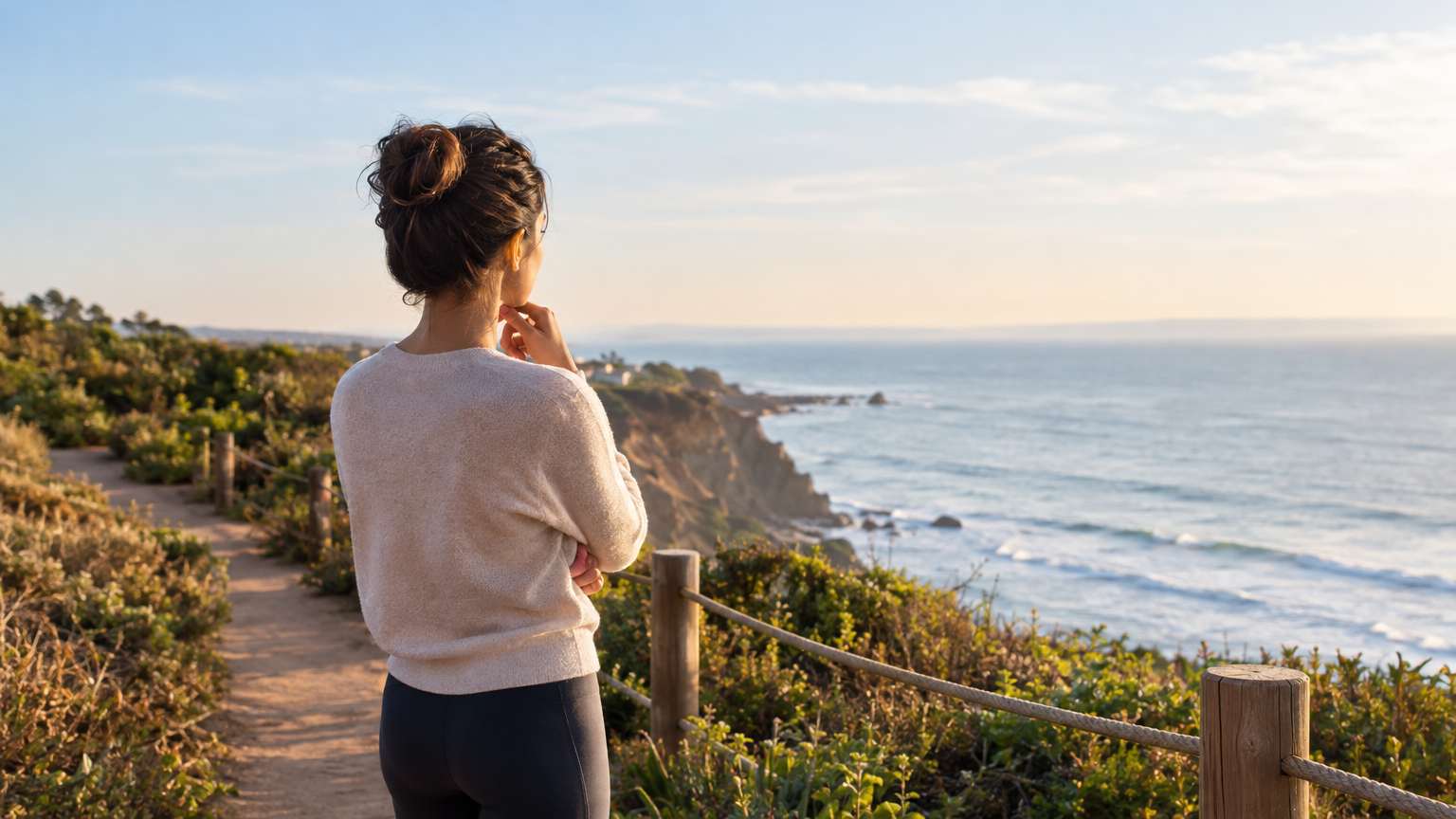 Woman in cream sweater standing on coastal cliff path looking out at ocean at sunset.