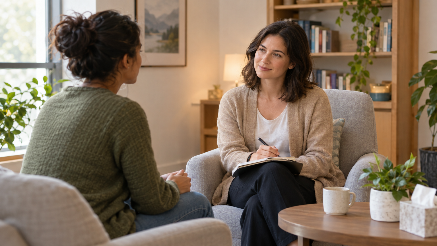 Therapist with notepad listening to client during outpatient counseling session in warm office