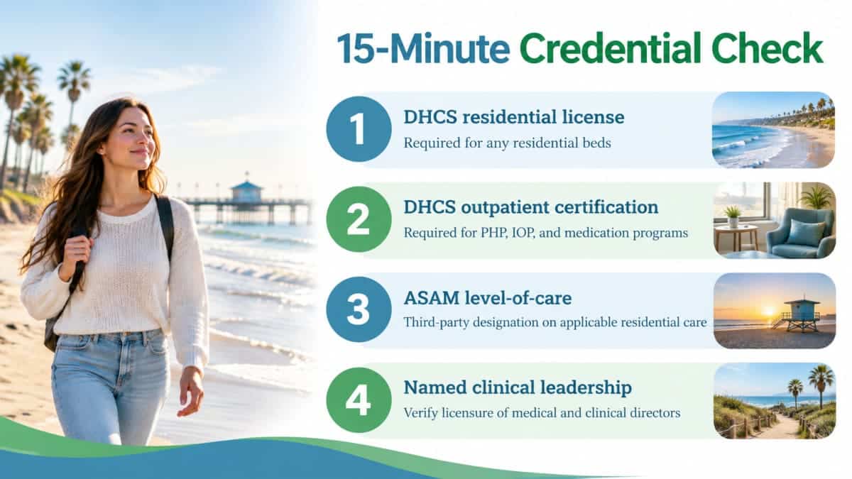 Checklist infographic for vetting Newport Beach substance abuse treatment credentials in 15 minutes