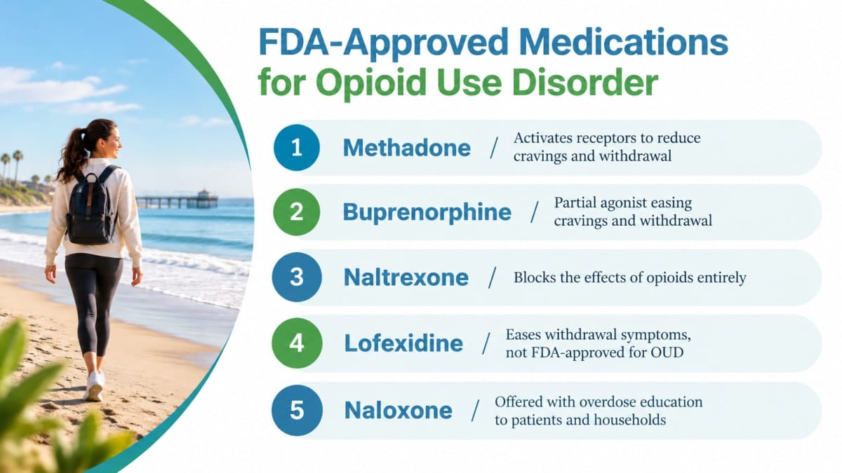 Infographic listing FDA-approved opioid use disorder medications for Newport Beach treatment.